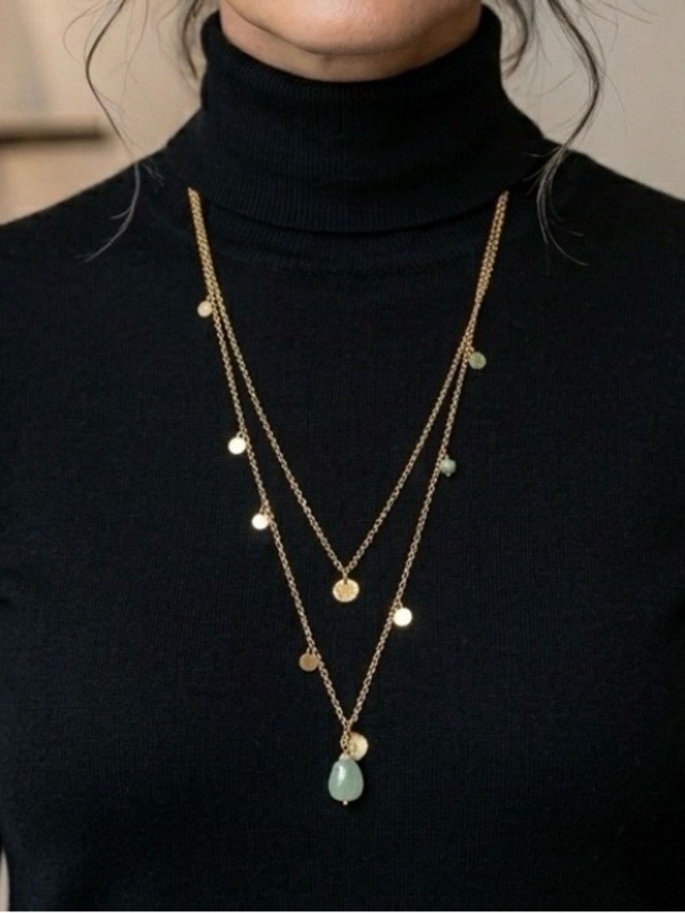 Banana Republic Layered Necklace Gold Tone Double Strand Green Beaded Necklace